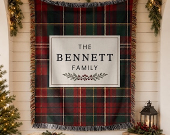 Personalized Christmas Woven Blanket, Custom Family Name Christmas Gift, Xmas Decoration
