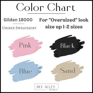 Puede incluir: Carta de colores para sudaderas unisex Gildan 18000. La carta muestra cuatro muestras de colores: rosa, negro, azul y arena. Para un look de talla grande, sube 1-2 tallas.