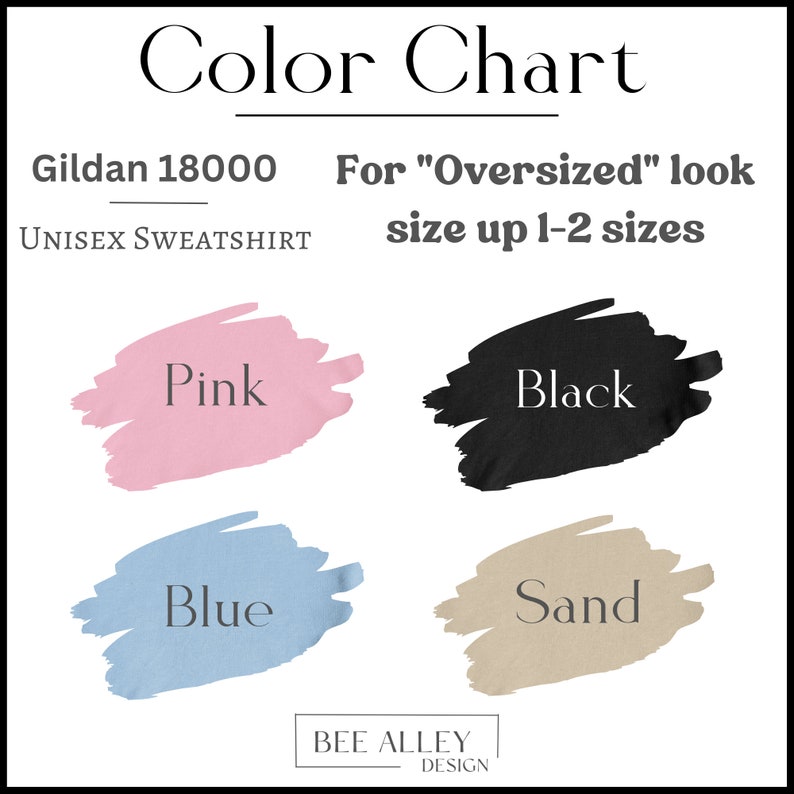 Puede incluir: Carta de colores para sudaderas unisex Gildan 18000. La carta muestra cuatro muestras de colores: rosa, negro, azul y arena. Para un look de talla grande, sube 1-2 tallas.