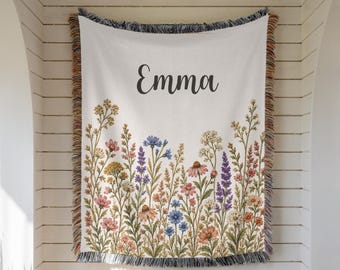 Custom Name Floral Blanket, Personalized Wildflower Woven Throw, Birthday Gift for Her, Teen Girl Gift, Custom Bedroom Decor