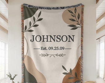 Custom Family Name Woven Blanket, Personalized Boho Throw Blanket, Earthy Botanical Home Decor, Housewarming Wedding Gift