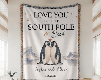 Personalized Penguin Couple Woven Blanket, Custom Names & Date Anniversary Gift, Romantic Wedding Gift for Couple, Cotton Throw