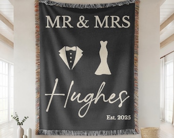 Custom Wedding Family Name Cotton Tapestry, Personalized Couples woven Throw Blanket, Engagement Keepsake or Bridal Shower Gift