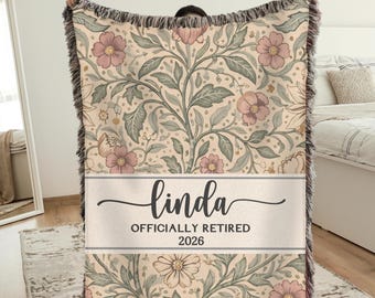 Retirement Gift for Her, Personalized Woven Blanket, Sentimental Retirement Keepsake, Floral Botanical Throw, Happy Retirement Gift