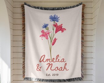 Personalized Couple Woven Blanket, Custom Names & Date, Cotton 2nd Anniversary Gift, Wedding Wall Hanging Home Decor