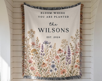 Personalized Family Name Woven Blanket, Wildflower Throw with Established Date, Custom Housewarming or Wedding Gift