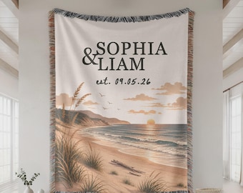 Personalized Coastal Woven Blanket, Custom Family Name Beach House Throw, Housewarming Gift, Ocean Home Decor