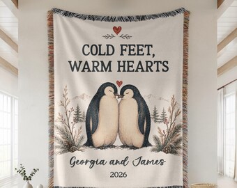 Personalized Couple Blanket, Custom Names & Date Anniversary Gift, Wedding Gift for Couple, Cotton Woven Throw, Penguins Gift