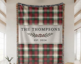 Personalized Plaid Christmas Woven Blanket, Custom Family Name Throw, Xmas Decoration, Christmas Gift