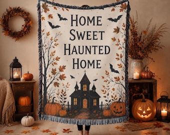 Halloween Blanket, Spooky Season Gift, Halloween Woven Throw, pumpkins and Bats Fall Decor, Home Sweet Haunted Home