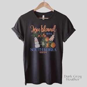 Puede incluir: Camiseta gris oscuro jaspeado con un gr&aacute;fico que presenta las palabras "Jeju Island" en escritura naranja, con texto coreano e ilustraciones de naranjas, flores y una estatua de piedra. Las palabras "South Korea" son azules.