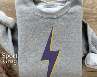 Retro Lightning Bolt Sweatshirt: Crewneck Pullover, Purple and yellow