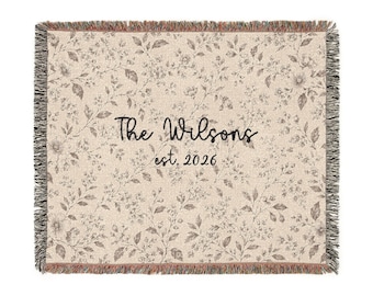 Personalized Family Name Blanket, Custom Established Year Wedding Gift for Couple Last Name Gifts Woven Throw Anniversary Farmhouse Decor