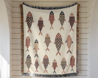 Folk Art Fish Woven Blanket, Scandinavian Coastal Throw, Whimsical Fish Art, Boho Tapestry Wall Hanging, Lake House Cottage Core Decor