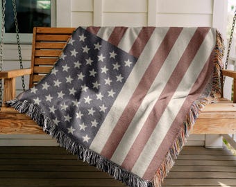 Woven American Flag Blanket, Fourth of July Memorial Day Americana Decor, Patriotic Gift for Veterans