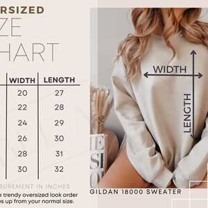 Puede incluir: Tabla de tallas para un su&eacute;ter Gildan 18000 de talla grande. La tabla muestra el ancho y la longitud en pulgadas para las tallas S a 3XL. La tabla recomienda pedir dos tallas m&aacute;s para un look de talla grande a la moda.