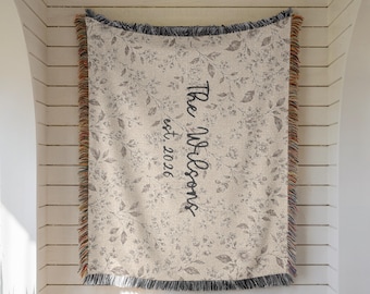 Personalized Family Name Blanket, Custom Established Year Wedding Gift for Couple Last Name Gifts Woven Throw Anniversary Farmhouse Decor