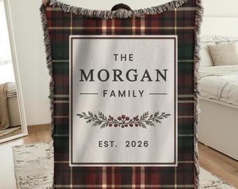 Personalized Family Name Woven Blanket, Custom Name Gifts, New Home Established Year Gift, Christmas Blanket, Cotton Throw