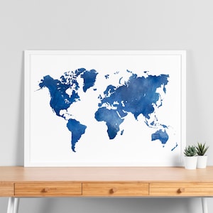 Wereldkaart Wall Art afdrukbare digitale download - blauwe wereldkaart poster print, aquarel wereldkaart, afdrukbare wereldkaart, digitale downloadkaart