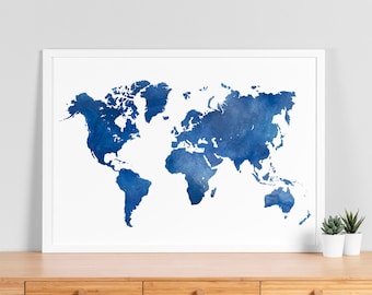 World Map Wall Art Printable Digital Download - Blue World Map Poster Print, Watercolor World Map, Printable World Map, Digital Download Map
