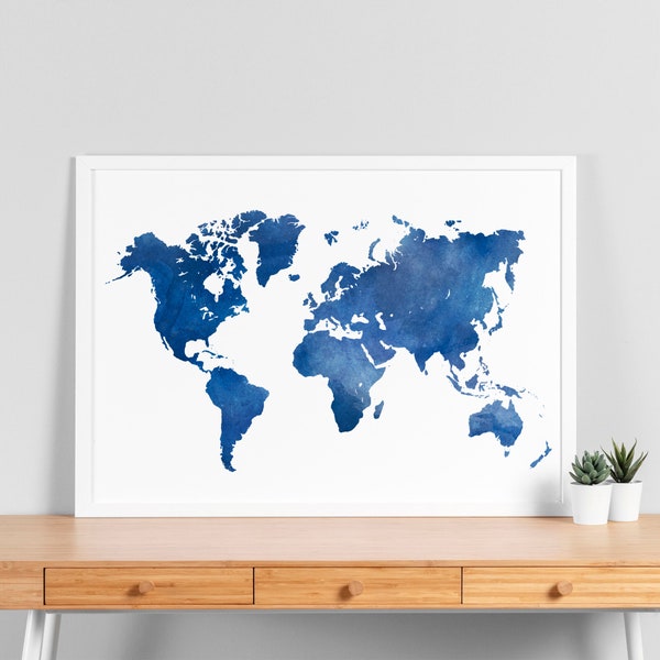 World Map Wall Art Printable Digital Download - Blue World Map Poster Print, Watercolor World Map, Printable World Map, Digital Download Map