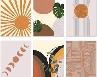 May include: Set of six abstract art prints featuring geometric shapes, lines, and foliage in shades of brown, orange, yellow, and green. The prints have a minimalist aesthetic and would look great in a modern home.