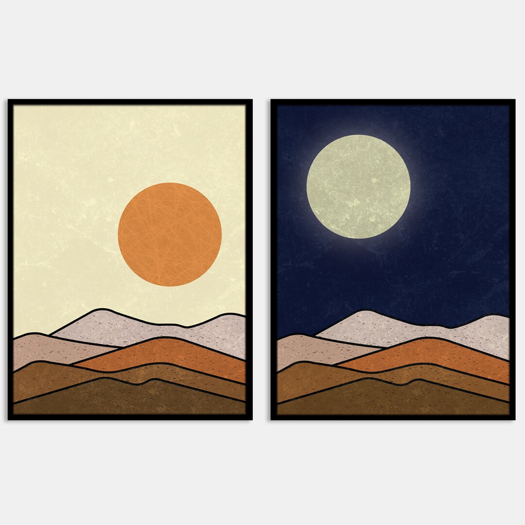 Sun and Moon Printable Digital Art Set of 2 Sun Moon Wall Art, Boho