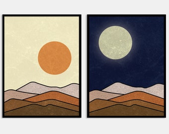 Zon en maan afdrukbare digitale kunst - set van 2 - Sun Moon Wall Art, Boho Mountain Art, Boho Wall Art, Sun Wall Decor, Boho Art Poster Prints