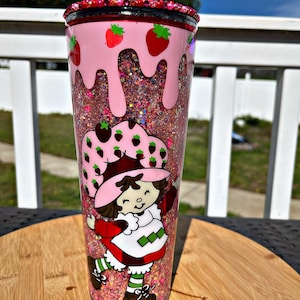 Vintage Handmade Strawberry Berry Kawaii 80s Pink Glitter Starbucks  Snowglobe Tumbler 