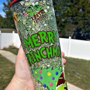 Grinch Snow globe Tumbler, Christmas Tumbler, Starbucks Tumbler, Double Wall Tumbler, Glitter Tumbler