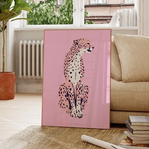 Arte bohemio moderno con animales de guepardo y gato, decoración de habitación preppy, estampado de guepardo, carteles preppy rosas, arte de pared maximalista, obras de arte de animales boho, arte de leopardo