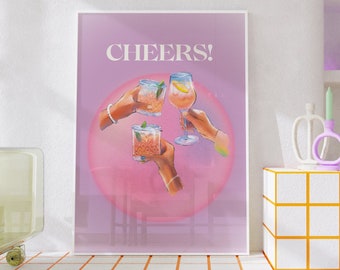 Vintage Cheers Poster-Bar Art Print-Trendy Art-Aesthetic Girly Bar Cart Art-Cocktail Art-Preppy Bar Cart Art-Retro Bar Printable Wall Art