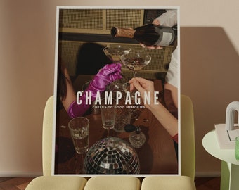 Retro Champagne Art Print-Vintage Poster-Retro Disco and Champagne Wall Art-Aesthetic Girly Bar Cart Art-Preppy Posters-Disco Bar Wall Art