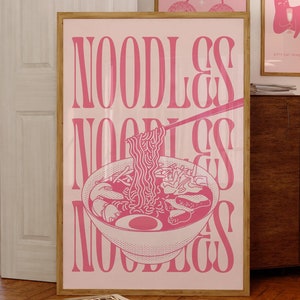 Impression de ramen, téléchargement d'art numérique, décoration de cuisine rose, affiche d'art ramen japonais rétro, art mural mignon et tendance, impressions murales de cuisine rose