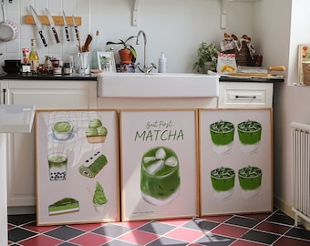 Set Of 3 Matcha Kitchen Prints-Trendy Matcha Latte Poster Set-Retro Beverage Poster-Cute Kitchen Wall Art-Aesthetic Kitchen Decor-Tea Poster
