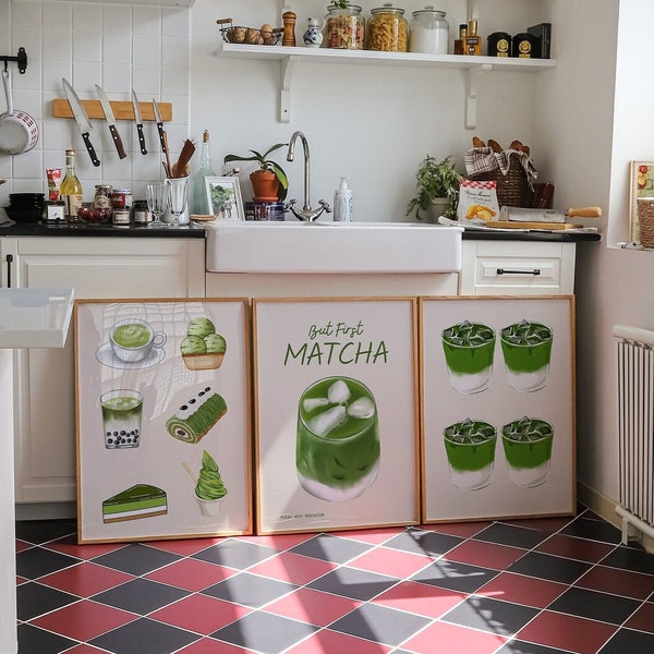 Set von 3 Matcha-Küchen-Drucken-Trendy Matcha Latte Poster-Set-Retro-Getränke-Poster-Süße Küchen-Wand-Kunst-Ästhetische Küchen-Dekor-Tee-Poster
