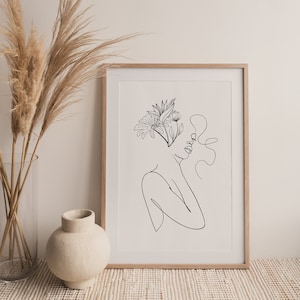 Dessin au trait fleur femme, impression de la silhouette de la femme, dessin au trait féminin, dessin au trait femme, dessin au trait femme minimaliste, art mural moderne, numérique