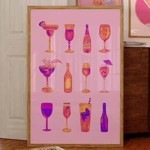 Retro Watercolor Champagne Cocktail Poster-Aesthetic Girly Bar Cart Art-Preppy Wall Posters-Wine Bottle Cute Girly Poster Champagne Wall Art