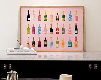 Retro Vintage Champagne Poster-Aesthetic Girly Bar Cart Art-Preppy Pink Posters-Champagne Posters-Wine Bottle Cute Girly Poster-Bar Art