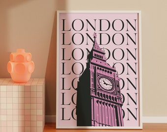 London Travel Print-Cute Pink London England Big Ben Travel Exhibition Print-Preppy London Poster-Trendy London City Art-Digital Download