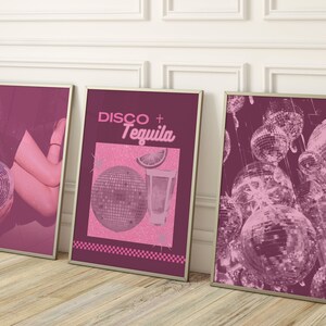 Conjunto de 3 carteles de tequila disco rosa-disco retro y tequila arte impresión-estética girly bar carrito arte-preppy rosa carteles-disco bar arte de pared