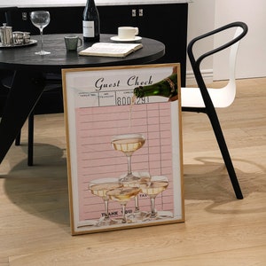 Retro Guest Check Champagne Poster-Aesthetic Girly Bar Cart Art-Preppy Pink Posters-Wine Bottle Cute Girly Poster-Trendy Champagne Wall Art