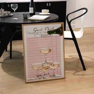 Retro Guest Check Champagne Poster-Estético Girly Bar Cart Art-Preppy Pink Posters-Botella de vino Lindo Girly Poster-Trendy Champagne Wall Art