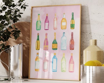 Retro Watercolor Champagne Poster-Aesthetic Girly Bar Cart Art-Preppy Pink Posters-Champagne Posters-Wine Bottle Cute Girly Poster-Bar Art