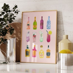 Retro Champagne Poster, Aesthetic Girly Bar Cart Art, Preppy Pink Posters Champagne Posters Wine Bottle Cute Girly Poster Champagne Wall Art