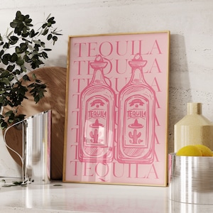 Retro Pink Tequila Poster-Aesthetic Girly Bar Cart Art-Preppy Pink Posters-Trendy Wall Art-Cocktails Art-Bar Cart Art-Bright Prints-Wall Art