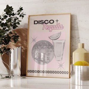 Różowy plakat w stylu vintage Disco Tequila - retro wydruk artystyczny Disco i Tequila - estetyczna sztuka dziewczęcego wózka barowego - plakaty Preppy Pink - sztuka ścienna Disco Bar