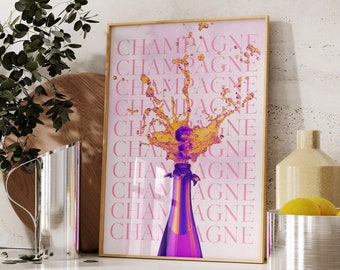 Retro Champagne Poster, Aesthetic Girly Bar Cart Art, Preppy Pink Posters Champagne Posters Wine Bottle Cute Girly Poster Champagne Wall Art