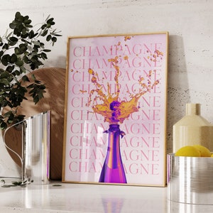 Retro Champagne Poster, Aesthetic Girly Bar Cart Art, Preppy Pink Posters Champagne Posters Wine Bottle Cute Girly Poster Champagne Wall Art