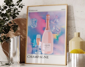 Aesthetic Champagne Poster-One More Round-Retro Cheers Art Print-Girly Bar Cart Art-Preppy Bar Cart Art-Cocktail Art-Trendy Champagne Poster